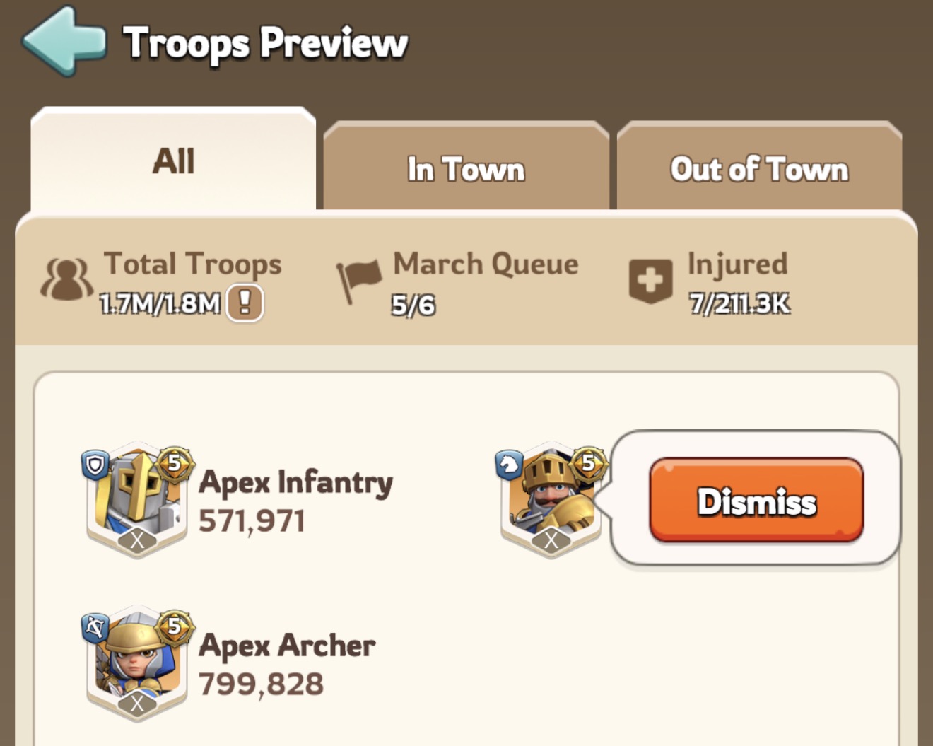 Troop list with the Dismiss button visible