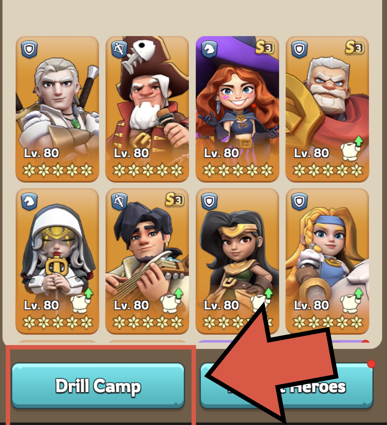 Drill Camp button highlighted in the Heroes menu