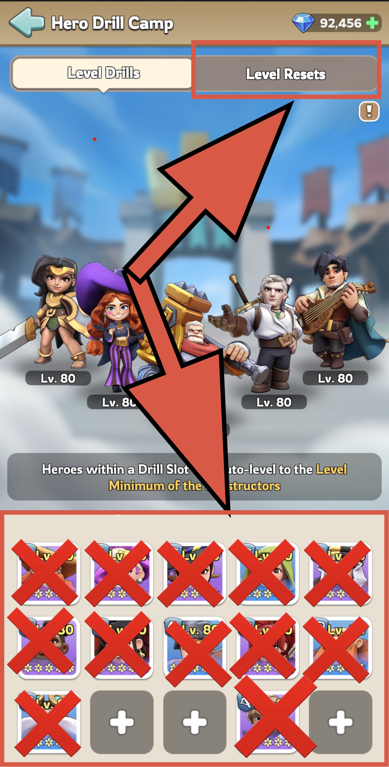 Heroes to remove from Drill Camp slots and the Level Resets tab highlighted