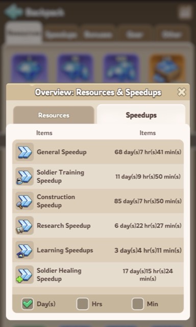 The Overview window on its Speedups tab, listing the four speedup rows in days and hours.