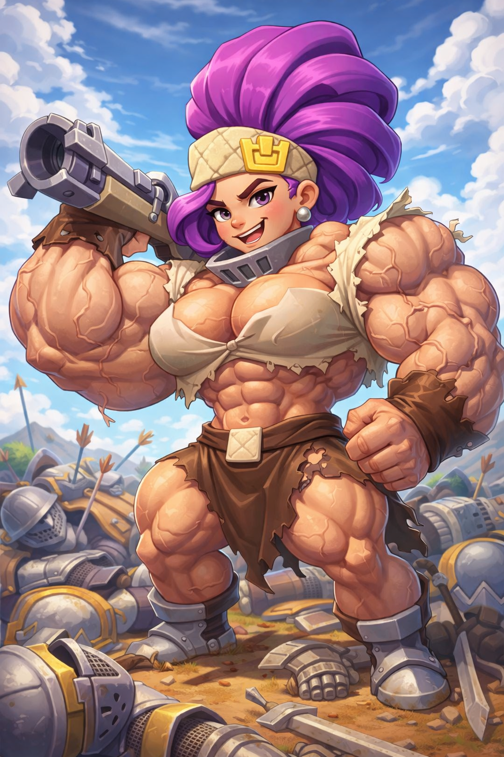 A flexing Bear Hunt rally hero standing over fallen knights