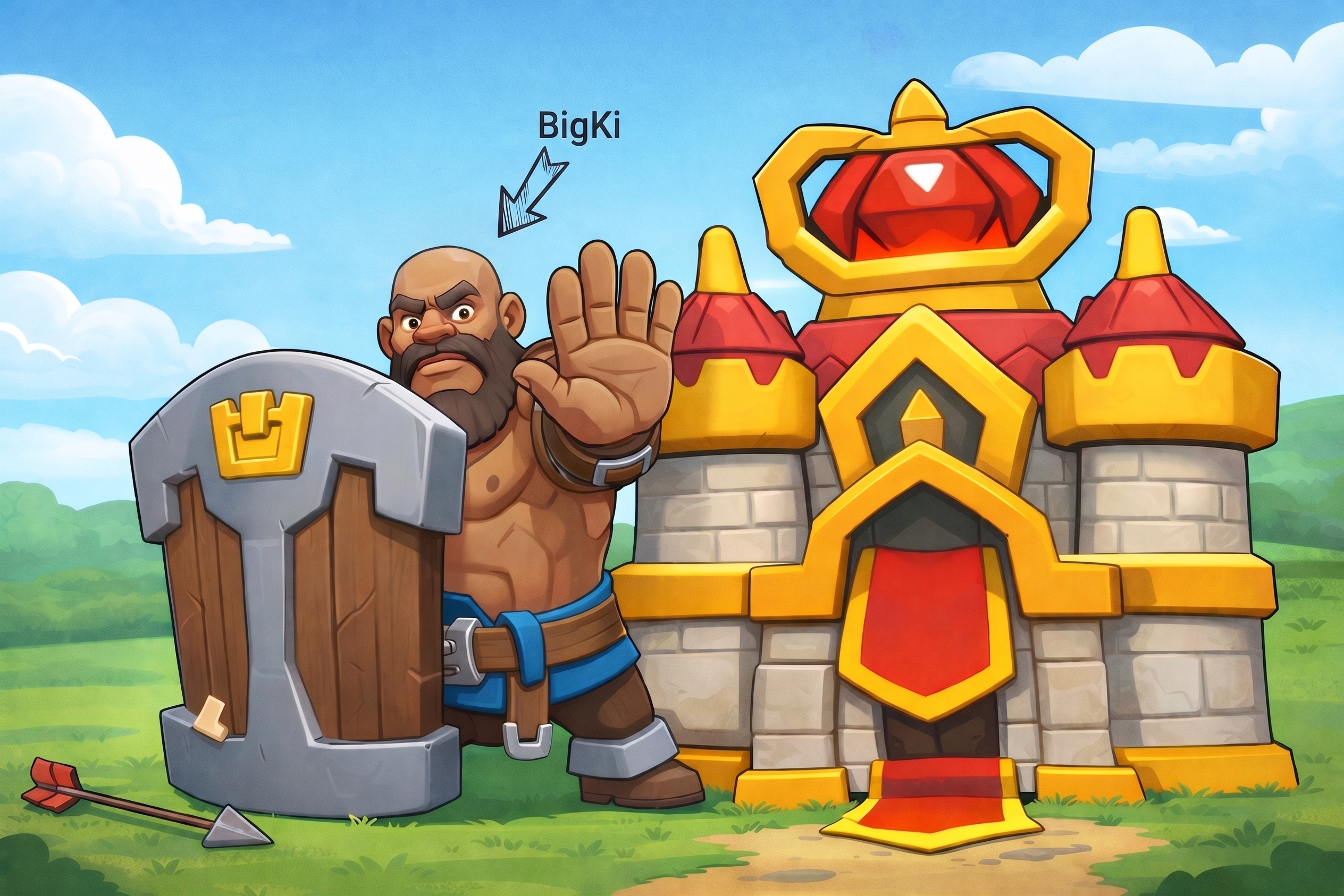 BigKi, a Kingshot defender, raising a shield beside a fortified castle keep