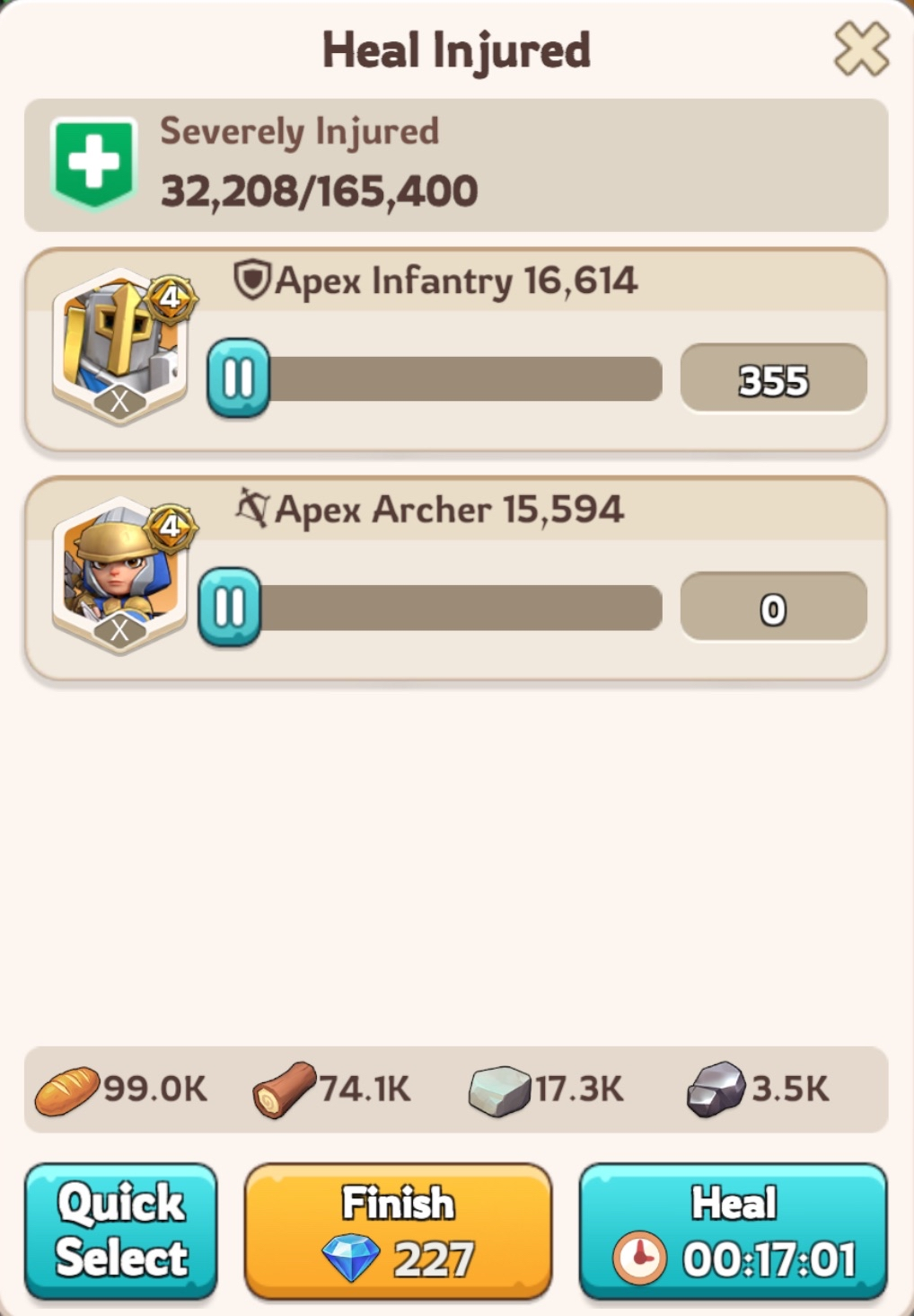 The Heal Injured panel showing wounded troops and a 17 minute heal timer