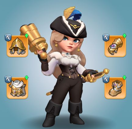 Royal forge-captain wielding a golden hammer, surrounded by gear slots