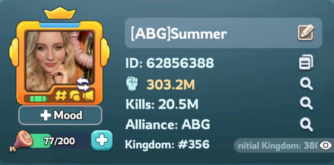 [ABG]Summer - ID 62856388 · Power 303.2M · Kills 20.5M · Alliance ABG · Kingdom 356