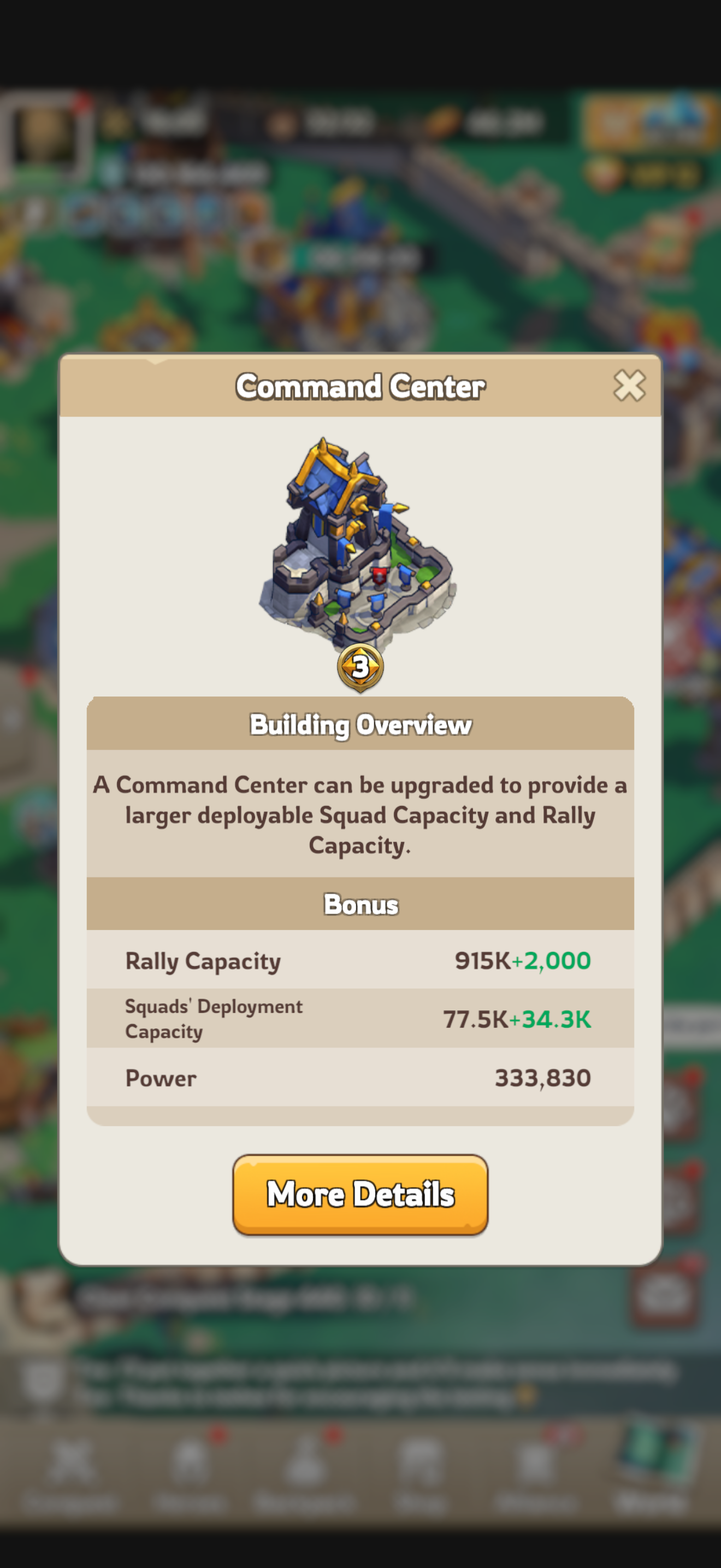 Command Center popup showing Rally Capacity 915K plus 2,000