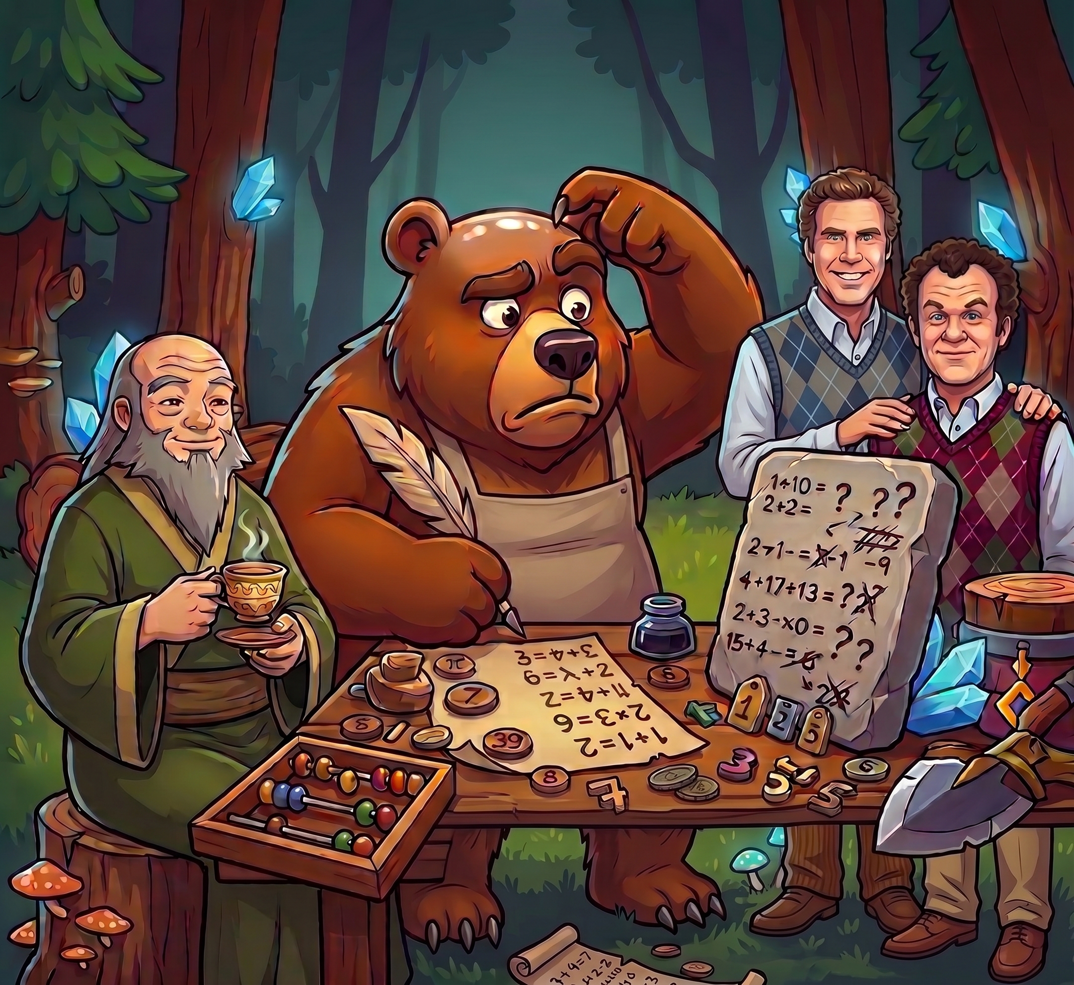 A bear at a forest table doing rally-capacity math alongside a sage and two helpers