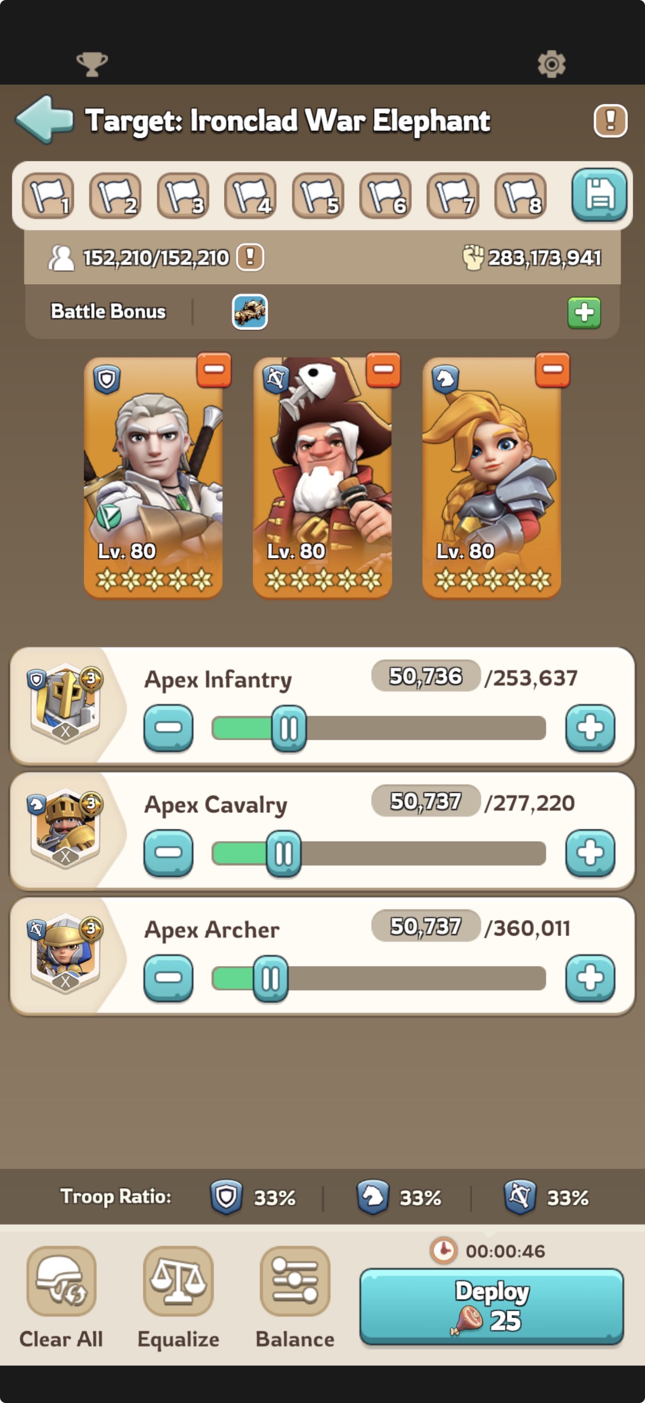 March setup screen showing Deployment Capacity 152,210/152,210