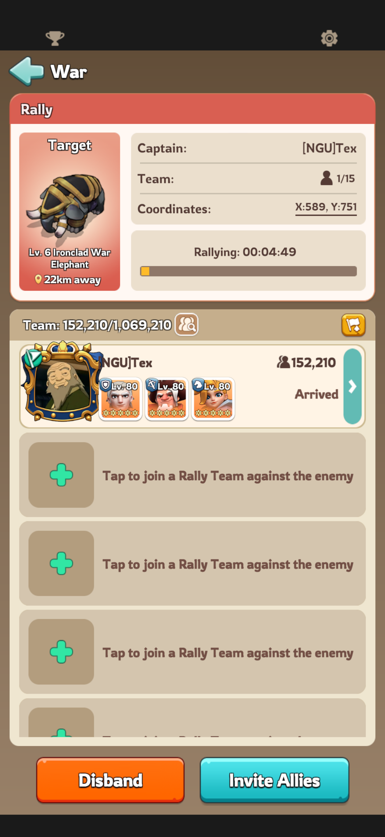 Rally screen showing Team 152,210 of 1,069,210 and 1 of 15 slots